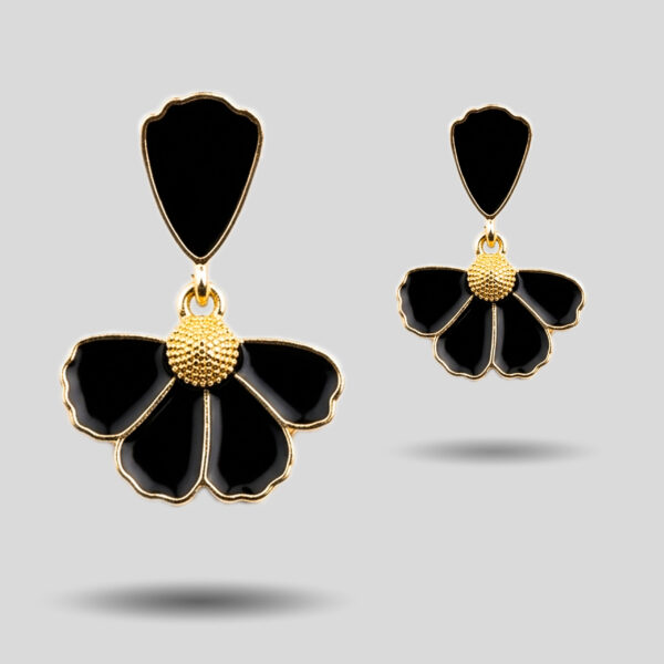 Black Enamel Floral Drop Earrings (Gold Tone)