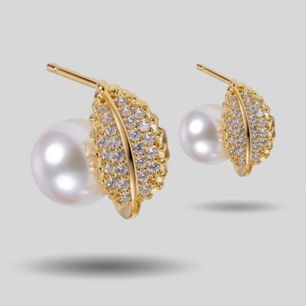 Gold Pearl & Crystal Half Hoop Stud Earrings
