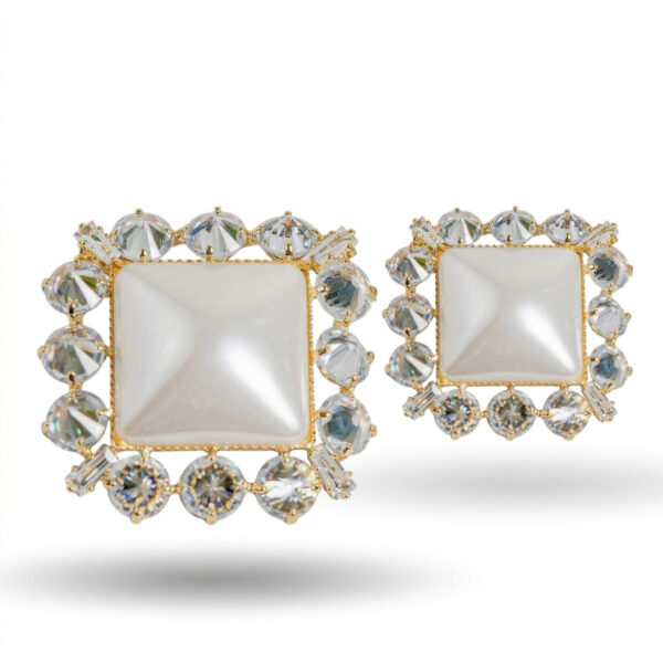Luxury Square Pearl & Crystal Frame Stud Earrings (Gold Tone)