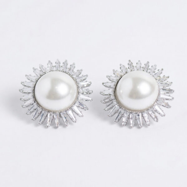 Pearl Sunburst Crystal Stud Earrings (Silver Tone)