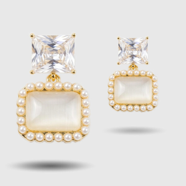 Crystal & Pearl Frame Drop Earrings (Gold Tone)