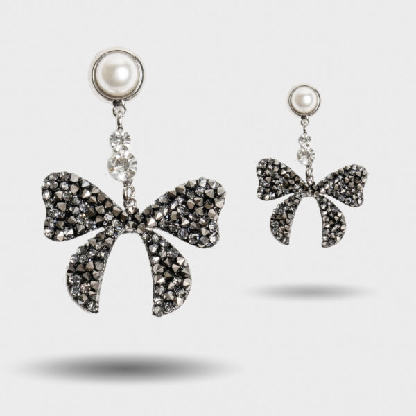 Black Crystal Bow Pearl Drop Earrings (Silver Tone)