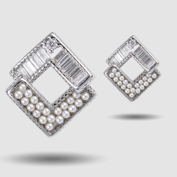 Geometric Crystal & Pearl Square Stud Earrings (Silver Tone)