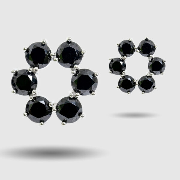 Black Crystal Floral Stud Earrings (Silver Tone)