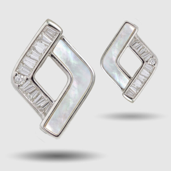 Geometric Mother of Pearl & Baguette Crystal Stud Earrings (Silver Tone)