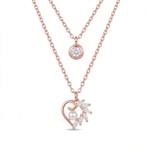 Rose Gold Double Layered Solitaire & Pearl Heart “Enchanted Bloom” Necklace