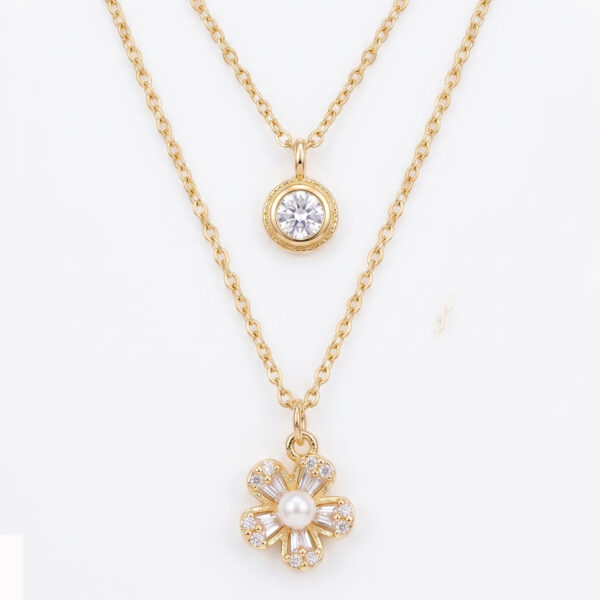 Gold Plated Double Layered Solitaire & Pearl Blossom Necklace