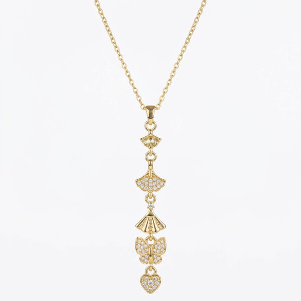 Gold-Plated Vertical Charms Drop Necklace | Heart, Butterfly & Ginkgo Motif