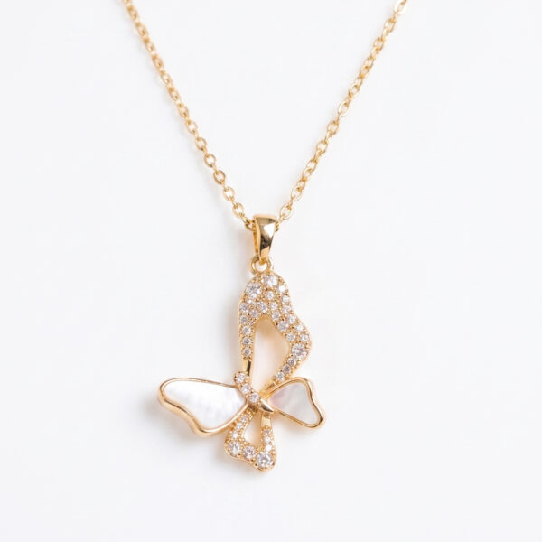 Gold Plated Mother of Pearl & Pavé Crystal Butterfly Pendant Necklace