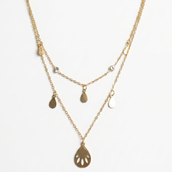 Gold Plated Double Layered Teardrop & Crystal Charm Necklace