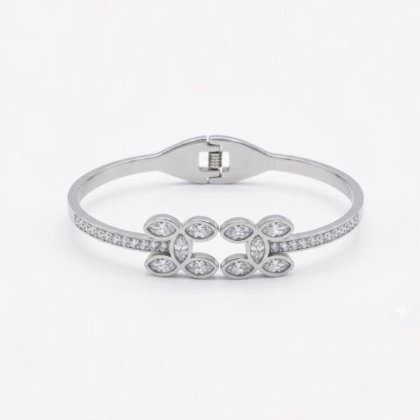 Rhodium-Plated Marquise Cluster Hinged Bangle with Pavé Band