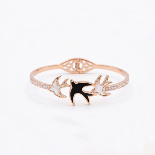 Soaring Trio Swallow Bangle – Rose Gold, Black Onyx Enamel & Mother of Pearl