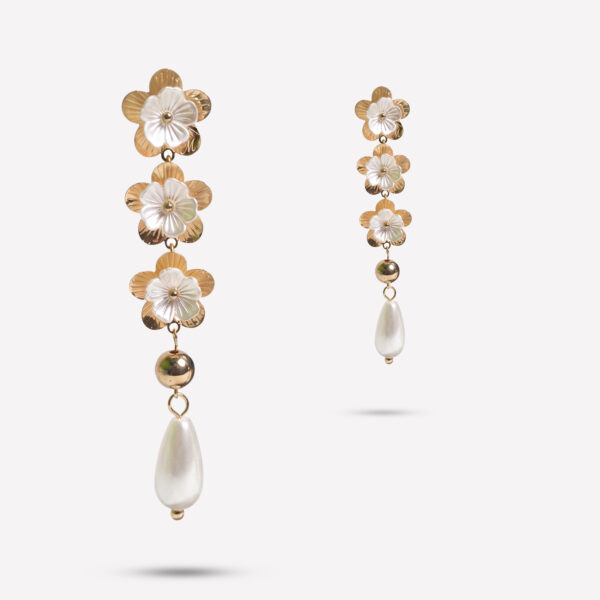 Gardenia Triple-Bloom Drop Earrings with Mother-of-Pearl Inlay & Teardrop Pearls