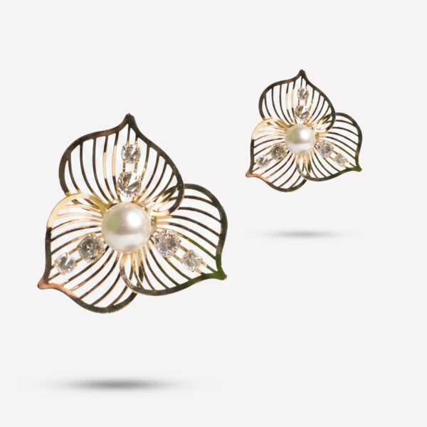 Botanical Filigree Gold Stud Earrings with Lustrous Center Pearl & Crystal Accents