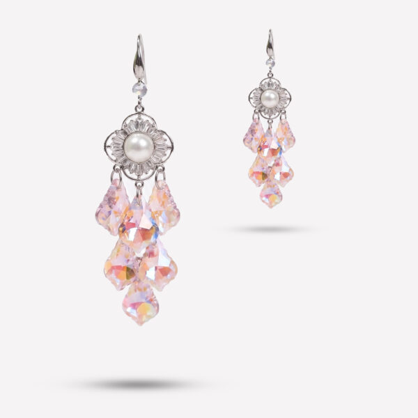 Aurora Borealis Crystal Chandelier Earrings with Pearl Halo & Silver Filigree