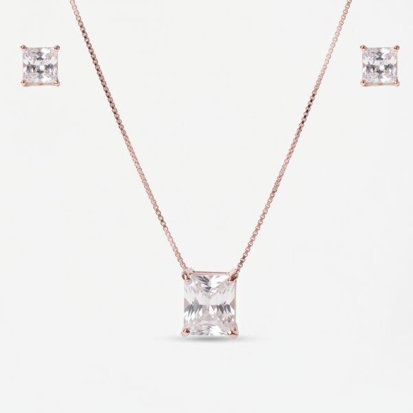 Classic Emerald-Cut Solitaire Necklace & Stud Earrings Set in Rose Gold