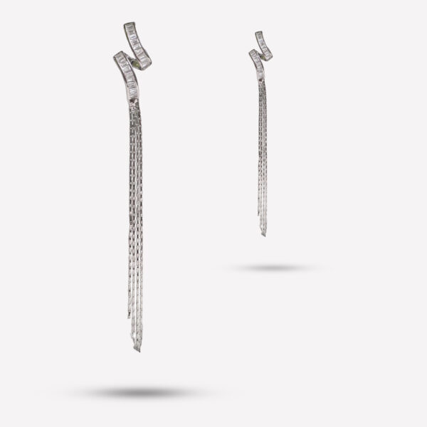 Baguette Crystal Spiral Fringe Drop Earrings – Silver Finish