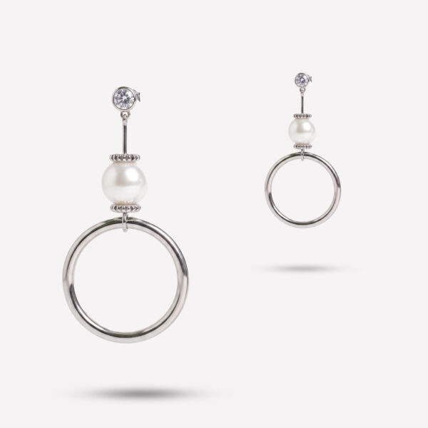 Modern Pearl & Geometric Hoop Drop Earrings – Silver Tone
