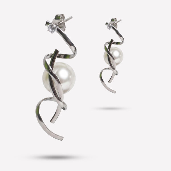 Ethereal Ribbon Spiral Pearl Drop Earrings in Sterling Silver