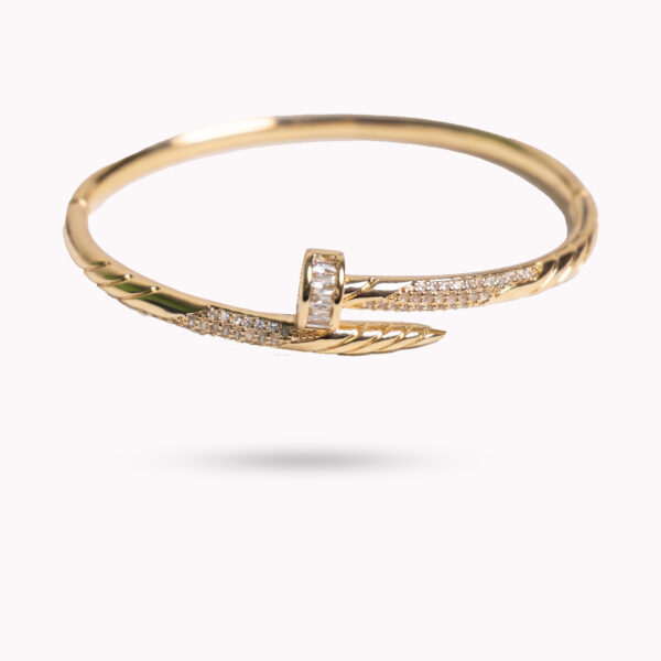 Gold Baguette & Pavé Diamond Nail Bangle – Textured Twist Industrial Bracelet
