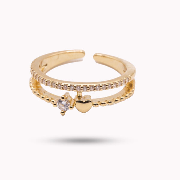 Double Layer Heart & Solitaire Dangle Adjustable Ring – Gold Finish