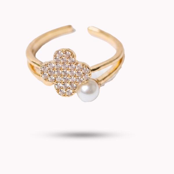 Rose Gold-Tone Pave Floral & Faux Pearl Bypass Ring