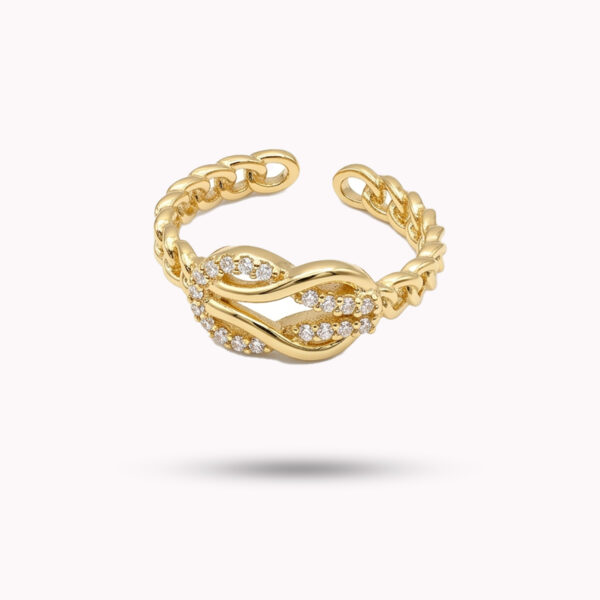 Pavé Crystal Love Knot Curb Chain Adjustable Ring – Gold Finish