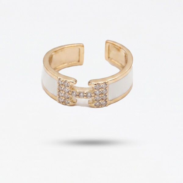 H-Link Enamel Statement Ring – Gold & White Adjustable Band with Crystal Pavé