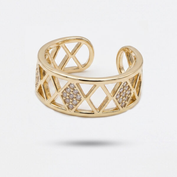 Geometric Diamond Lattice Cuff Ring – Gold Openwork Band with Crystal Accents