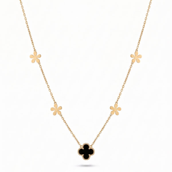Gold Clover & Multi-Flower Station Necklace with Black Onyx Inlay