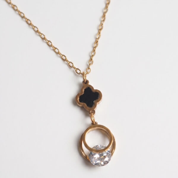 Gold Black Clover & Floating Crystal Ring Pendant Necklace