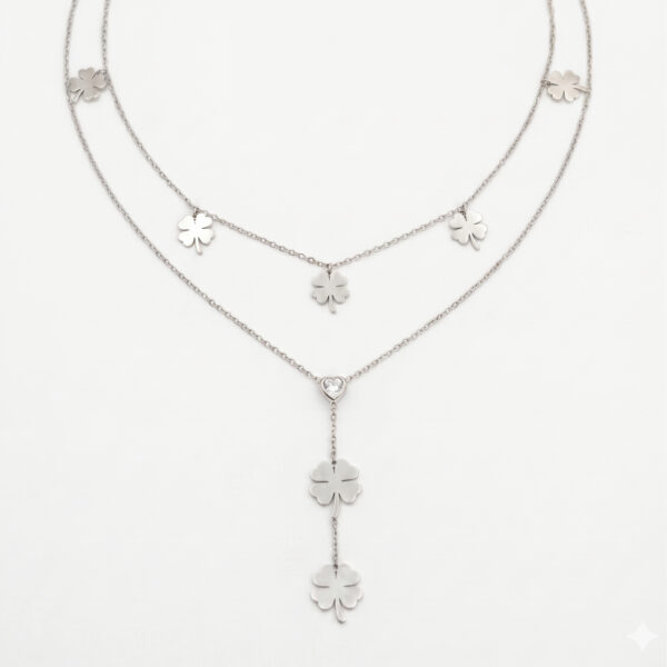 Silver Clover Layered Necklace with Heart Drop