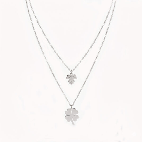 Silver Double Layer Leaf & Clover Necklace