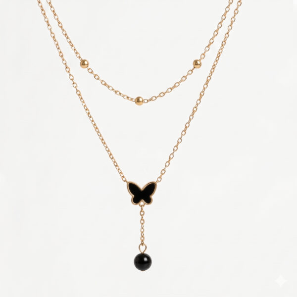 Gold Layered Butterfly Pendant Necklace with Black Bead Drop