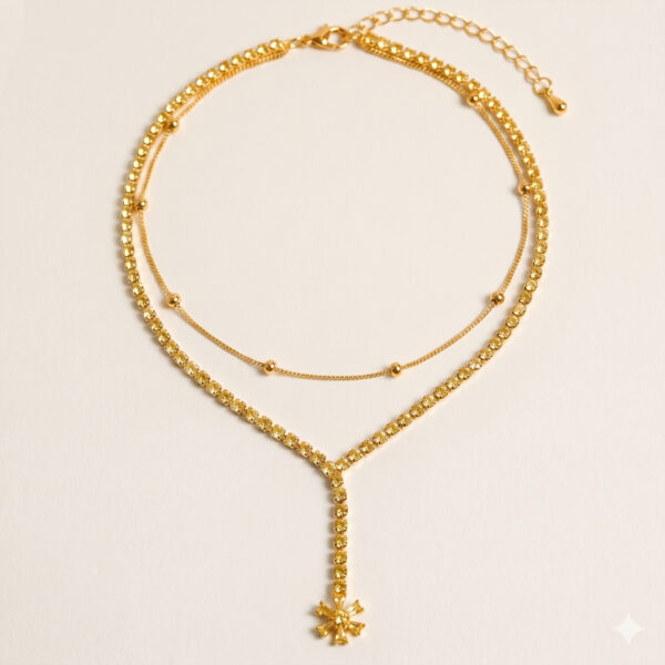 Gold Double Layer Crystal Anklet with Drop Charm