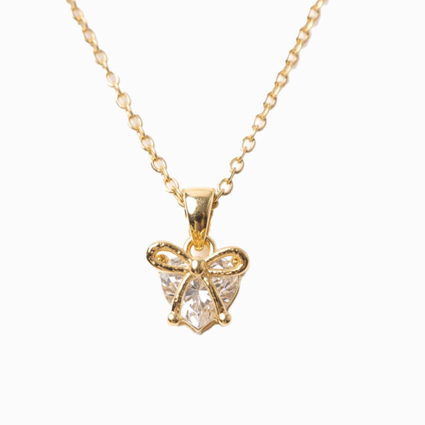 Golden Bow-Wrapped Heart Crystal Pendant Necklace