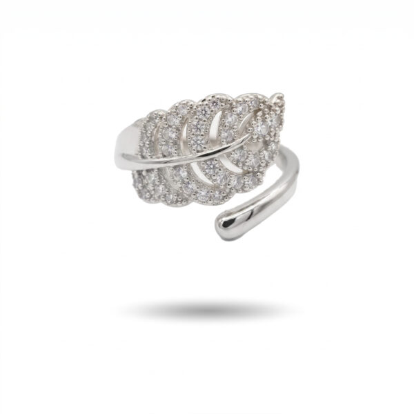 Sparkling Silver Leaf Wrap Ring – Adjustable Crystal Feather Statement Ring