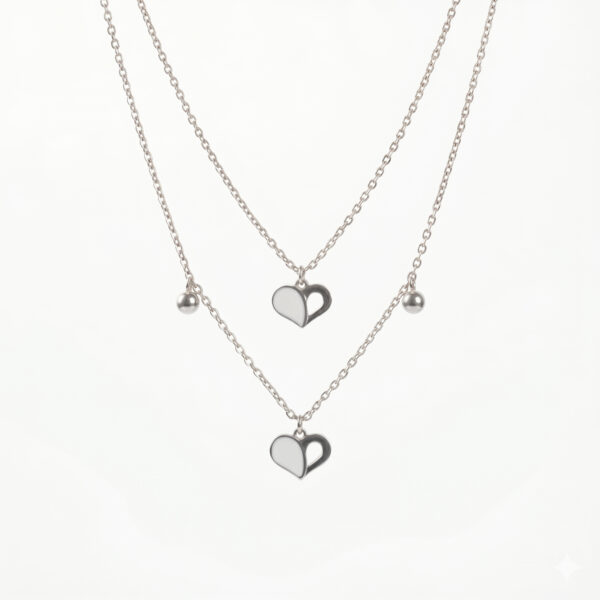 Silver Layered Heart Duo & Bead Charm Necklace