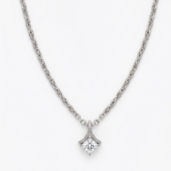 Silver Byzantine Chain Princess-Cut Solitaire Necklace