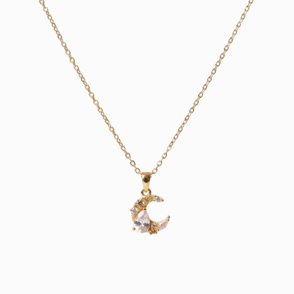 Golden Crescent Moon & Pear-Cut Crystal Pendant Necklace