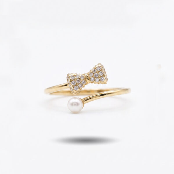 Gold Pavé Bow and Pearl Bypass Ring