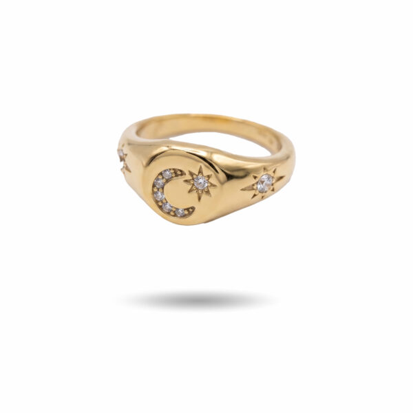 Gold Celestial Moon and Star Signet Ring