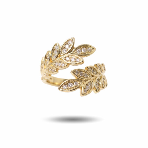 Gold Laurel Leaf Bypass Ring – Pave Zirconia Olive Branch