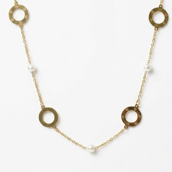 Elegance Link Necklace with Engraved Circles and Faux Pearls