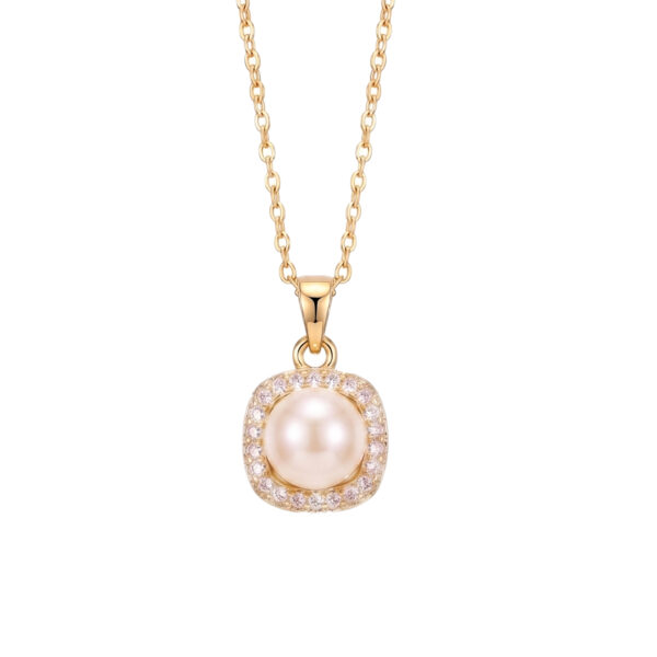 Freshwater Pearl & Diamond Halo Cushion Pendant Necklace in Yellow Gold