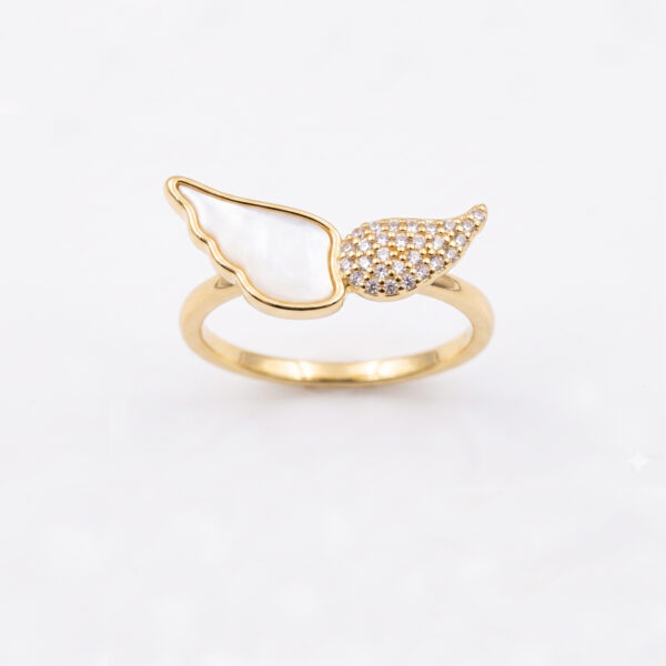 Mother of Pearl & Pave Crystal Angel Wing Ring in Gold Plated