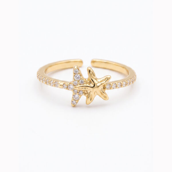 Gold-Plated Adjustable Double Starfish Ring with Pavé Crystals