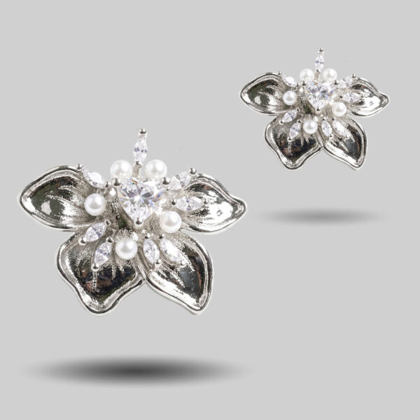 Silver Bloom Pearl Crystal Stud Earrings