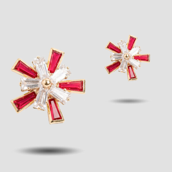 Crimson Starburst Baguette Studs in 14K Gold Finish