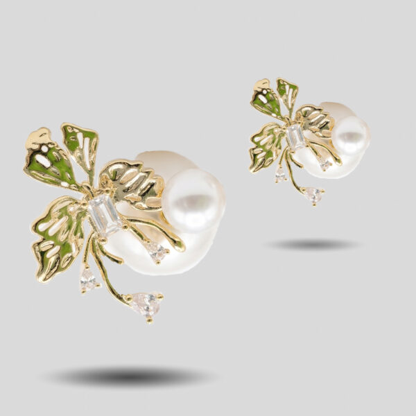 Botanical Butterfly Garden Studs with Creamy Pearls and Green Enamel